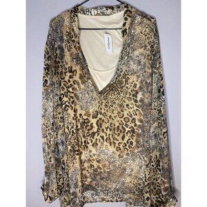 Roz & Ali Animal Print Leopard Beaded Chiffon Blouse Womens Size 3X Lightweight